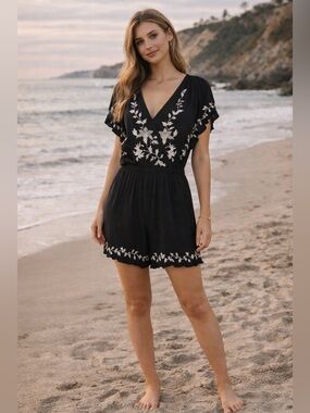 American Eagle Outfitters Black Romper with White Floral Embroidery Large